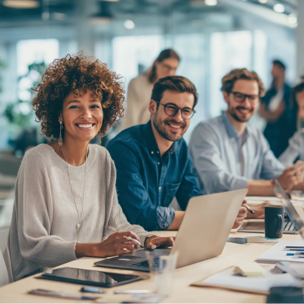Small-business owner with her team around a conference table